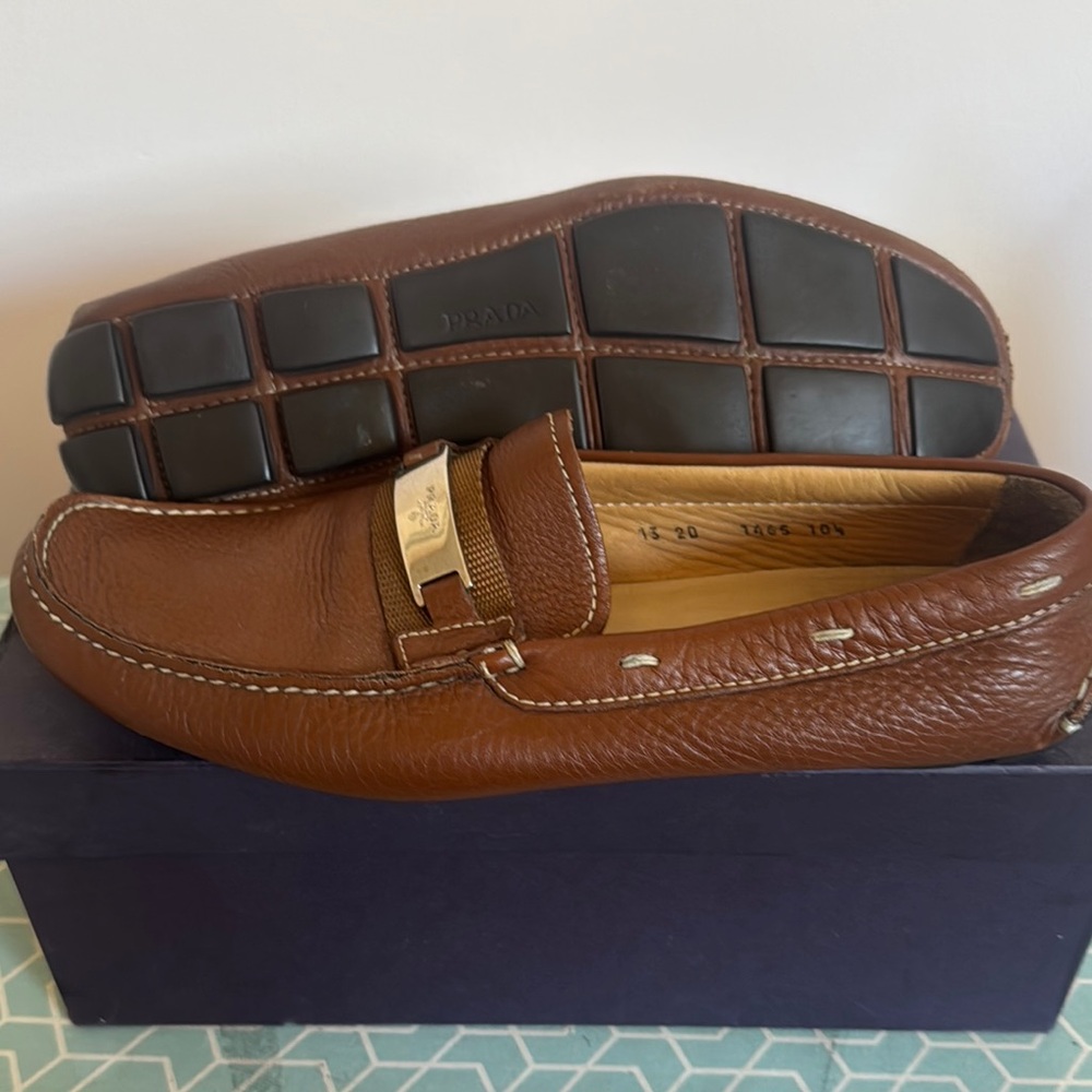 Prada Brown Leather Slip-On Loafers with Gold Accent